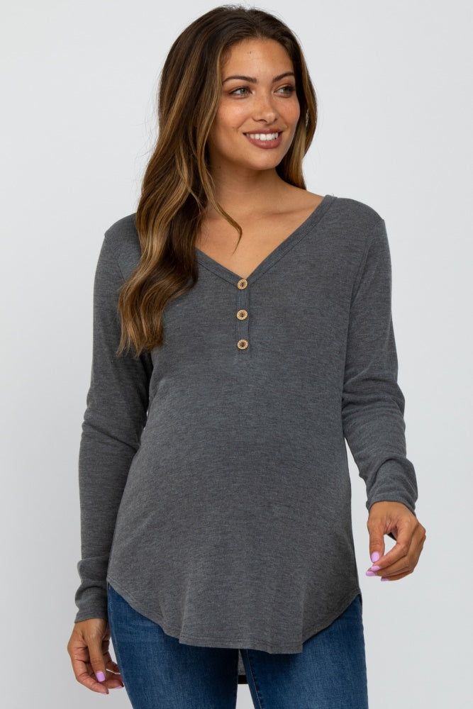 Charcoal Soft Button Front Round Hem Maternity Top sold by Pinkblush