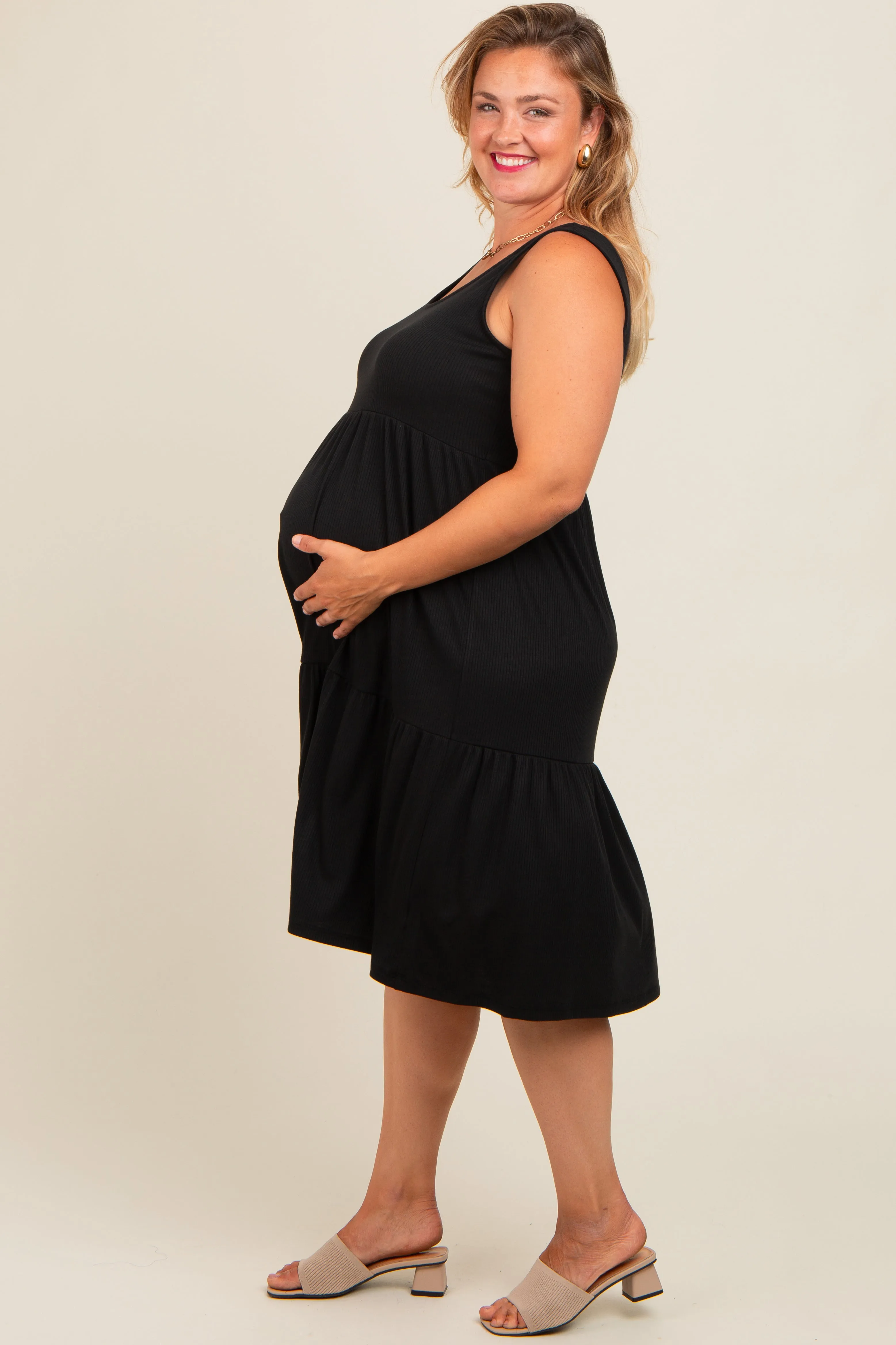 Black Tiered Sleeveless Maternity Plus Midi Dress sold by Pinkblush product image thumbnail 3