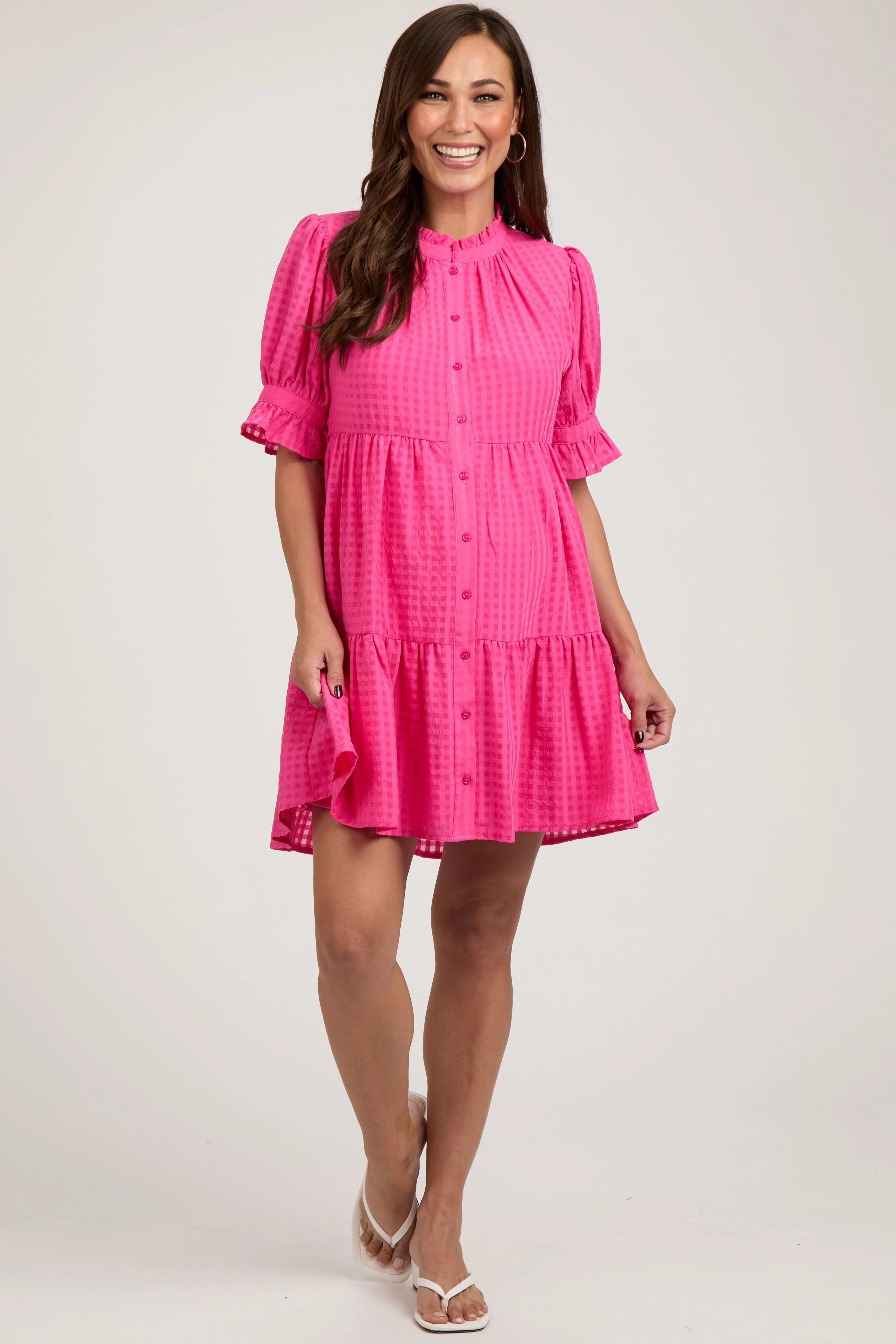 Fuchsia Buttoned Down Short Sleeve Maternity Dress sold by Pinkblush