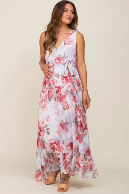 Red Floral Chiffon Double V-Neck Sleeveless Maternity Maxi Dress sold by Pinkblush