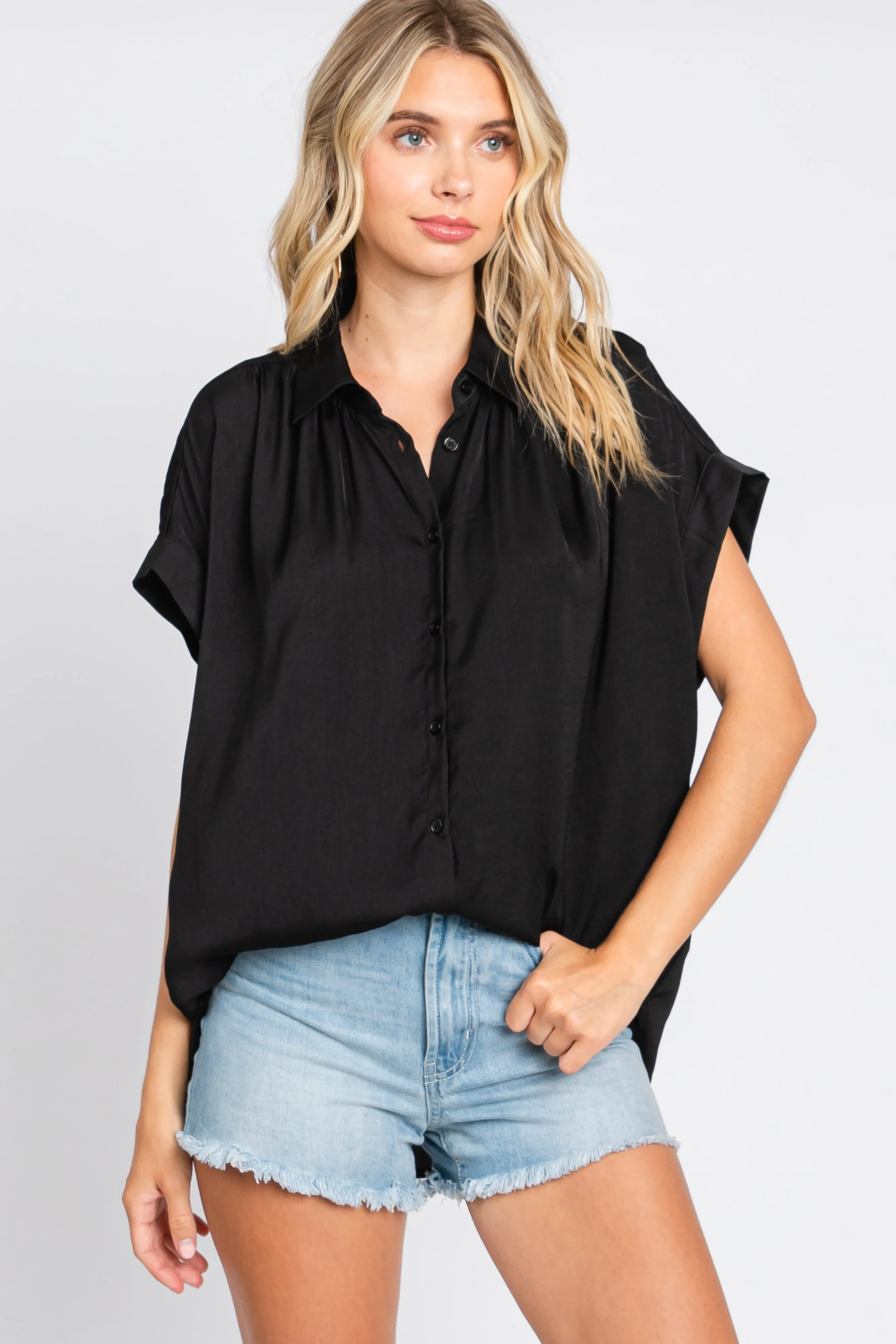 Black Satin Button Front Collared Short Sleeve Top sold by Pinkblush