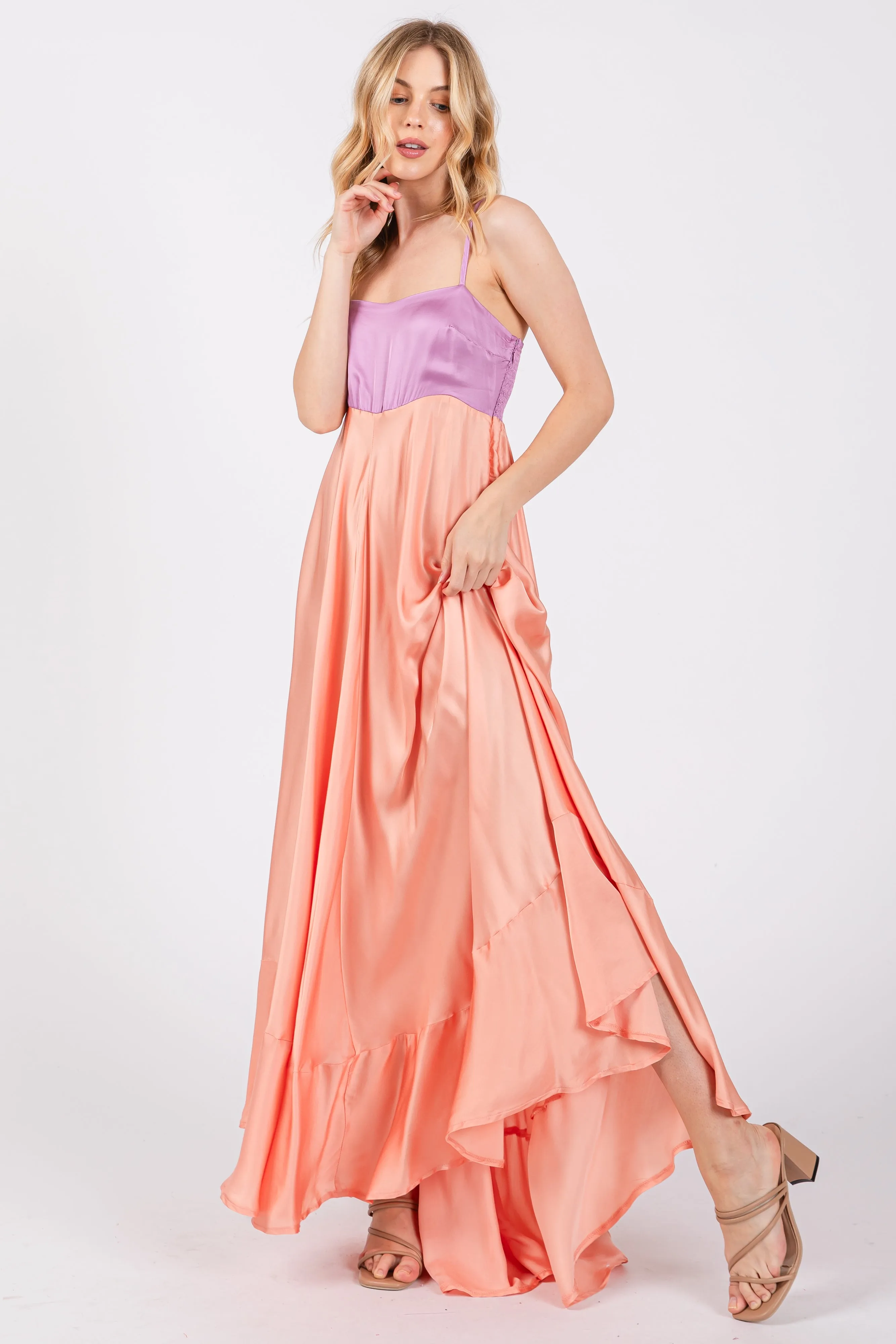 Peach Colorblock Sleeveless Satin Dress sold by Pinkblush product image thumbnail 2