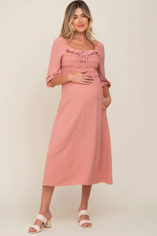 Mauve Swiss Dot 3/4 Sleeve Maternity Midi Dress sold by Pinkblush