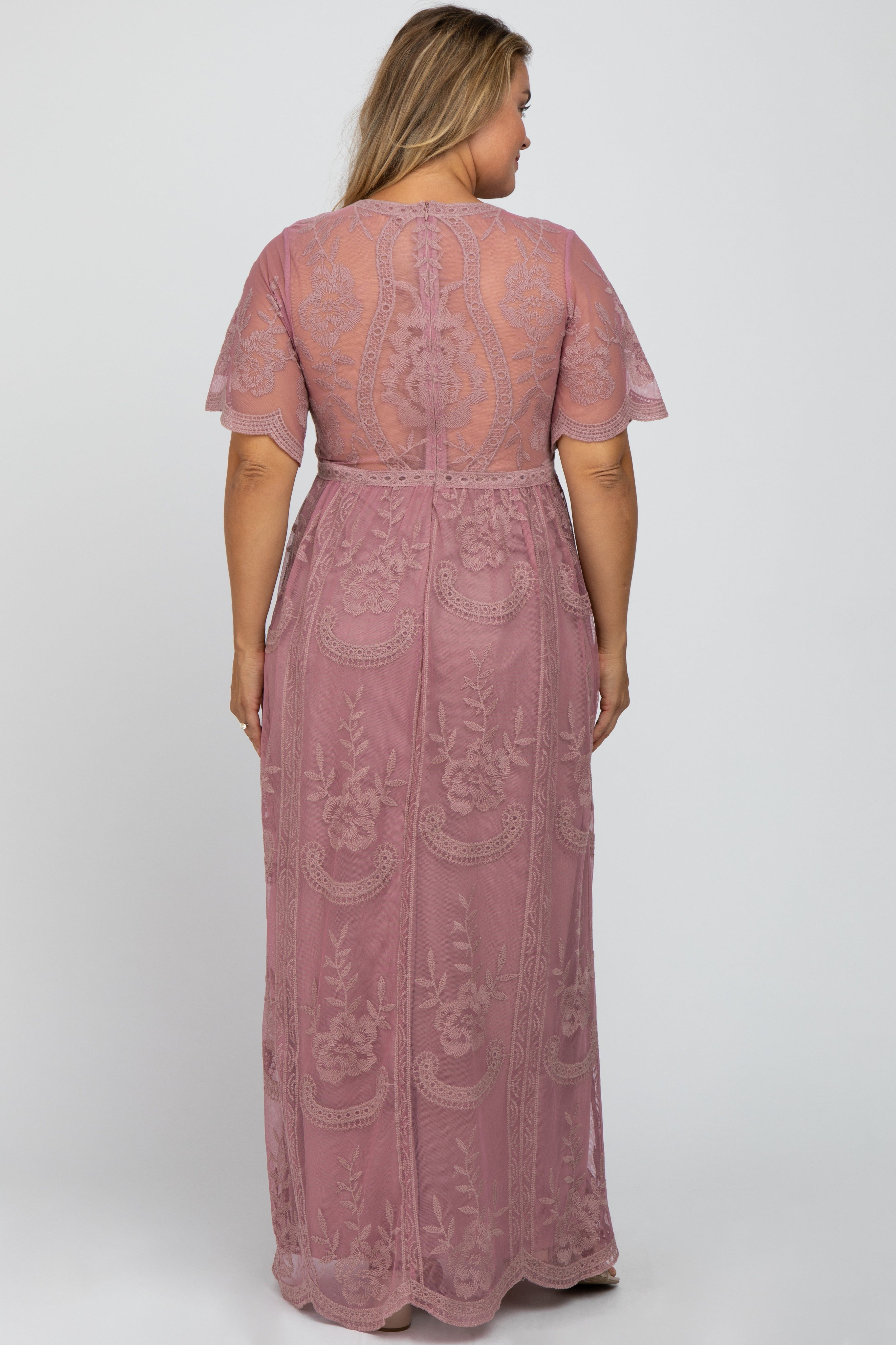 Mauve Lace Mesh Overlay Maternity Plus Maxi Dress sold by Pinkblush product image thumbnail 3