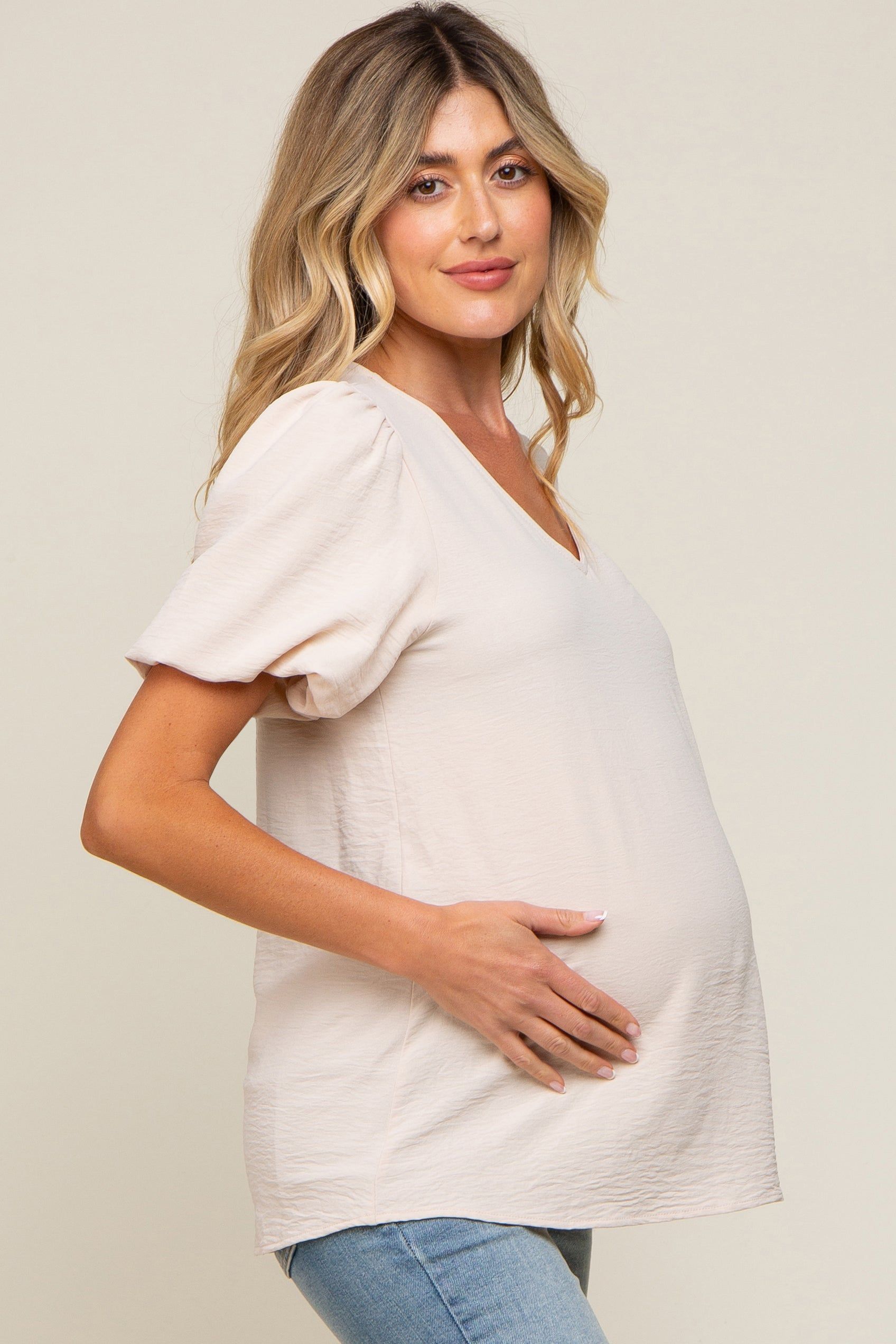 Beige Puff Sleeve V-Neck Maternity Top sold by Pinkblush product image thumbnail 2