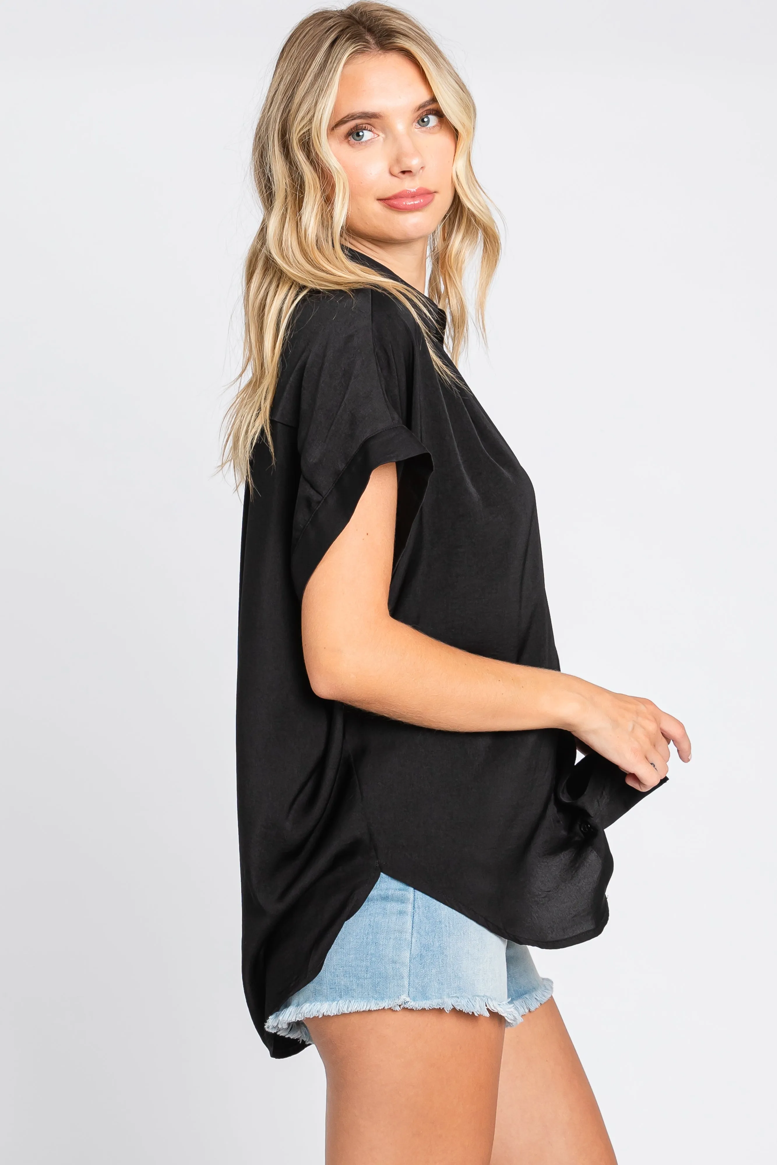 Black Satin Button Front Collared Short Sleeve Top sold by Pinkblush product image thumbnail 2