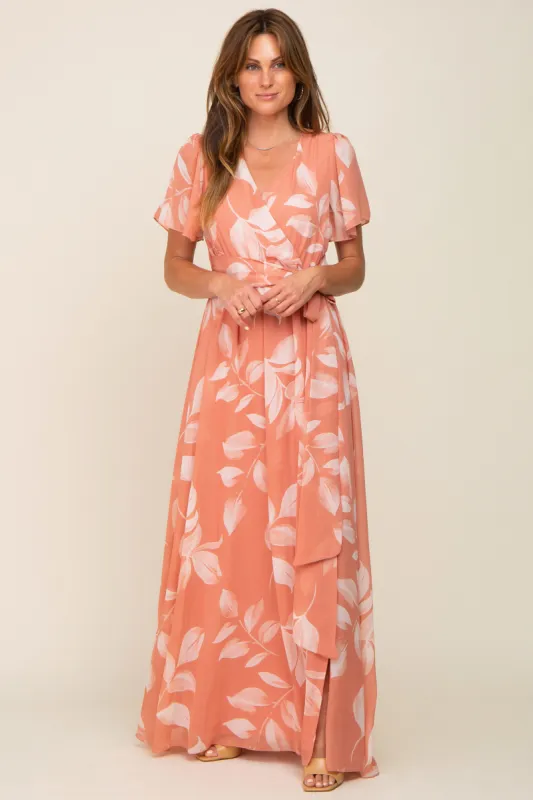 Salmon Leaf Print Chiffon V-Neck Front Slit Dress sold by Pinkblush