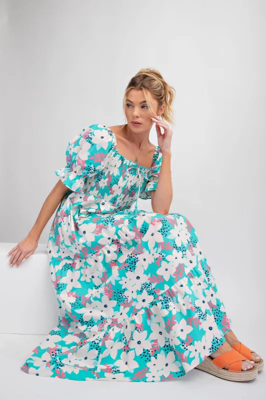 Aqua Floral Puff Sleeve Maxi Dress sold by Pinkblush