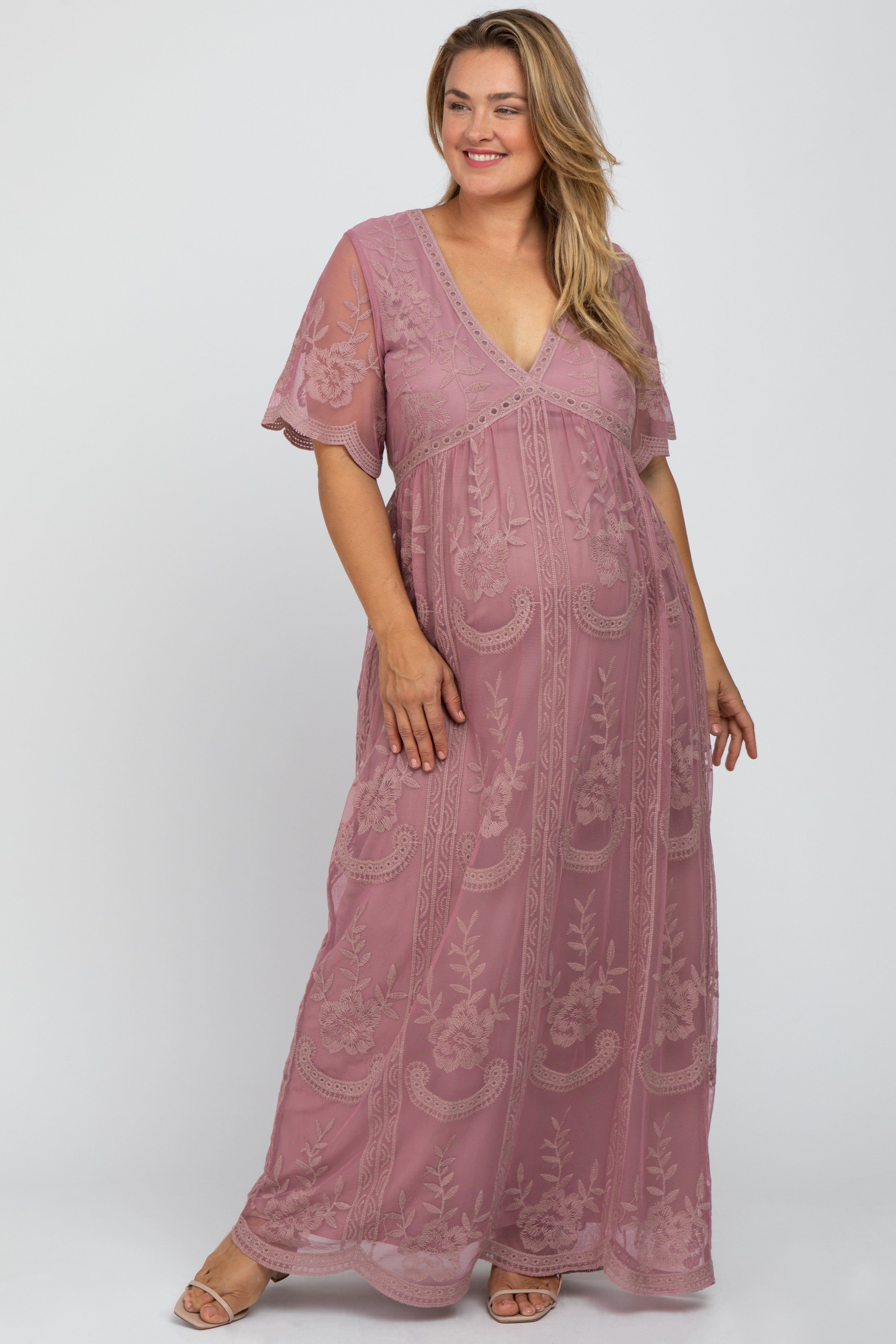 Mauve Lace Mesh Overlay Maternity Plus Maxi Dress sold by Pinkblush