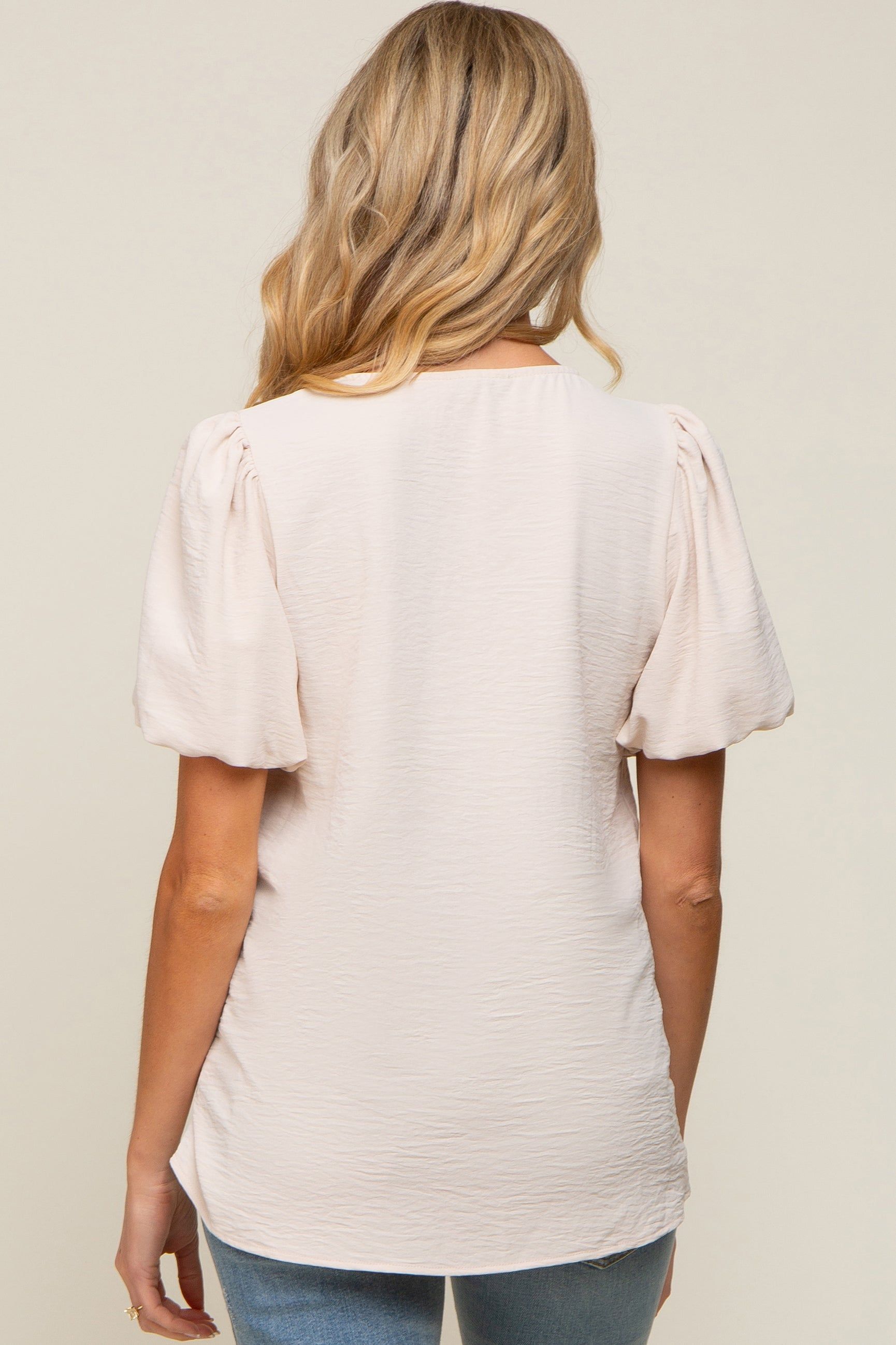 Beige Puff Sleeve V-Neck Maternity Top sold by Pinkblush product image thumbnail 3