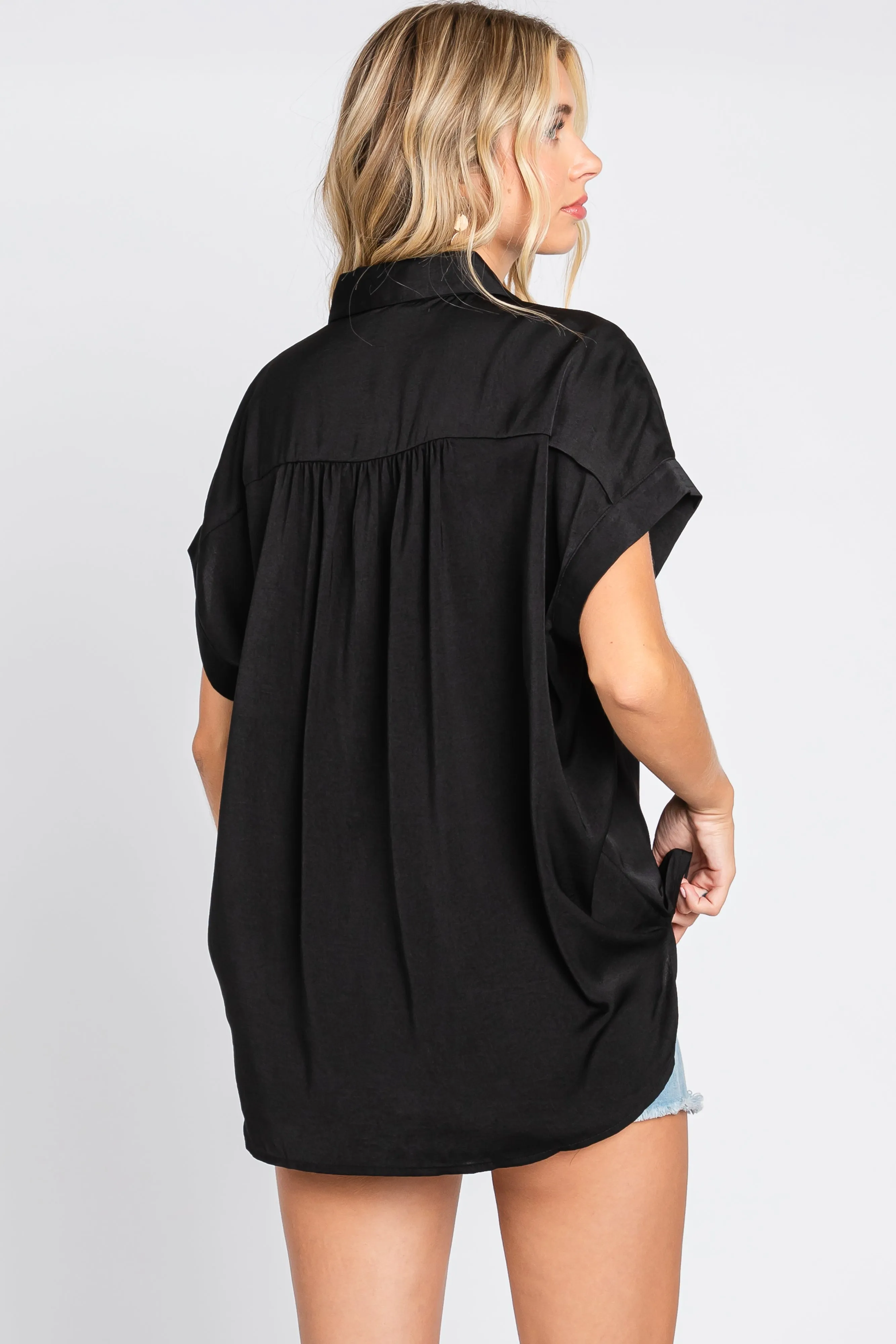 Black Satin Button Front Collared Short Sleeve Top sold by Pinkblush product image thumbnail 3