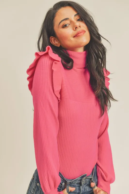 Deep Pink Shoulder Ruffle Turtleneck Sweater sold by Pinkblush