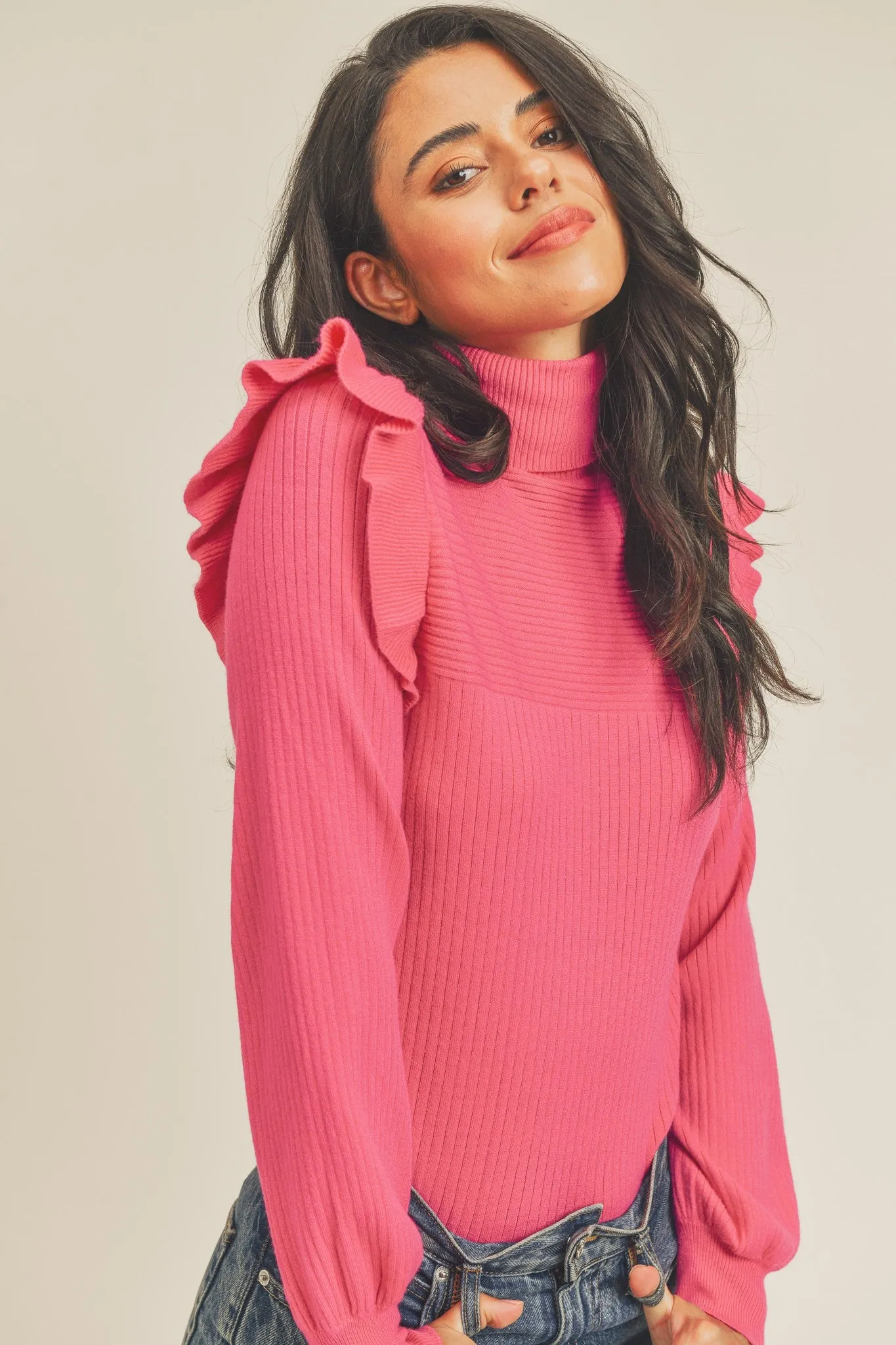 Deep Pink Shoulder Ruffle Turtleneck Sweater sold by Pinkblush