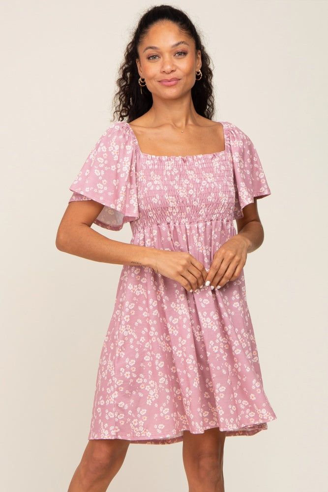 Mauve Floral Smocked Dress sold by Pinkblush