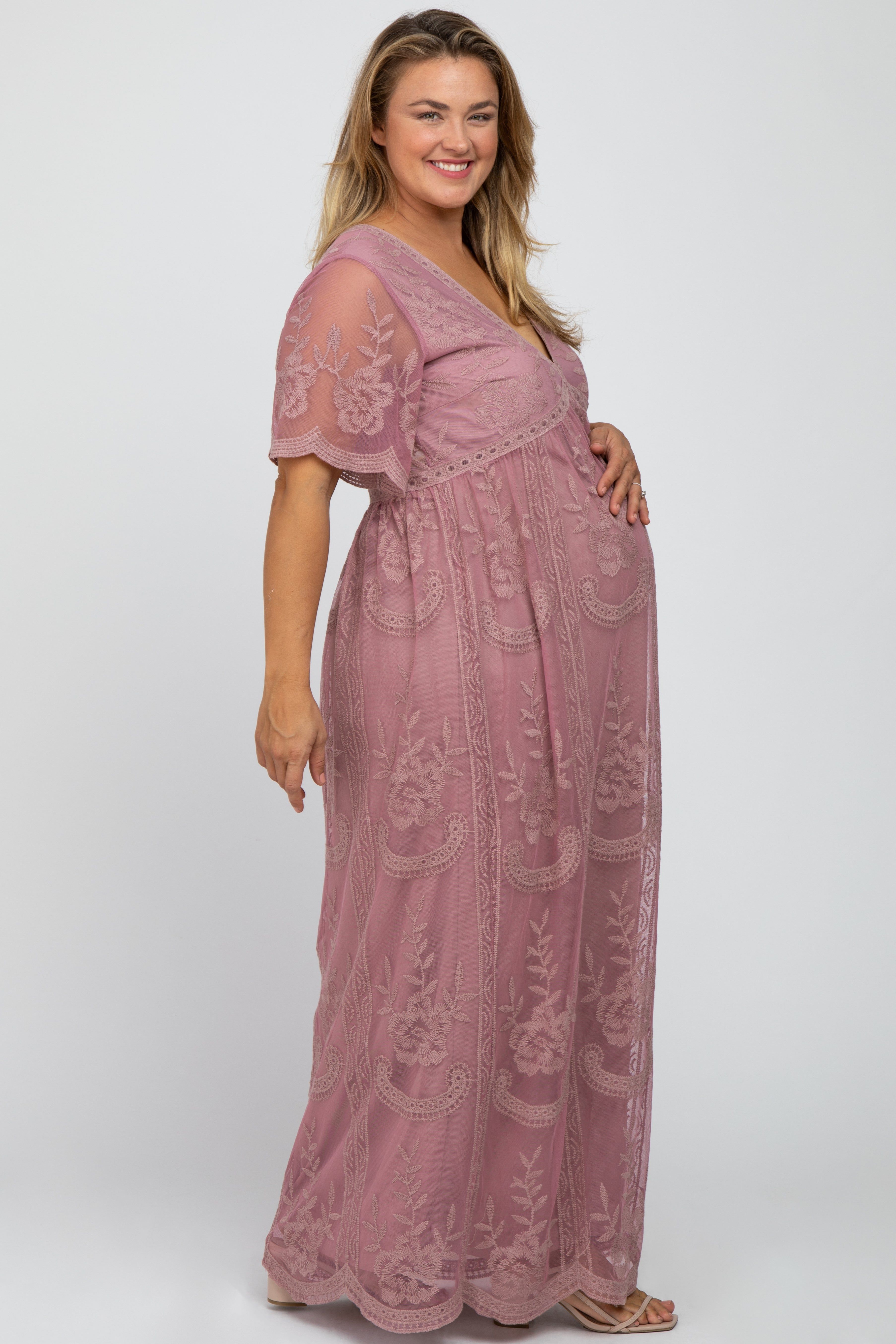 Mauve Lace Mesh Overlay Maternity Plus Maxi Dress sold by Pinkblush product image thumbnail 2