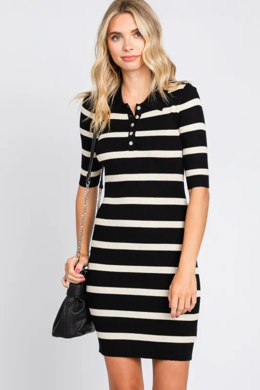 Black Striped Rib Knit Collared Dress sold by Pinkblush
