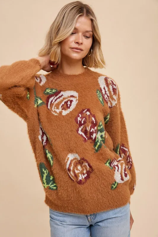 Camel Floral Fuzzy Knit Sweater sold by Pinkblush