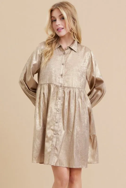 Taupe Metallic Button-Up Baby Doll Dress sold by Pinkblush