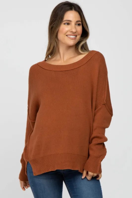 Camel Exposed Seam Side Slit Maternity Sweater sold by Pinkblush