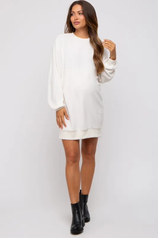 Cream Fleece Oversized Maternity Sweatshirt Mini Dress sold by Pinkblush
