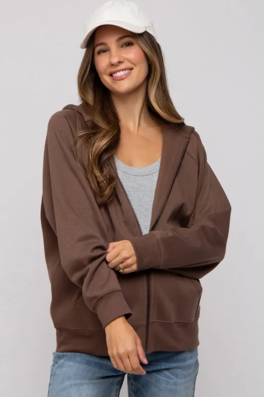 Brown Front Zipper Hooded Maternity Sweater sold by Pinkblush