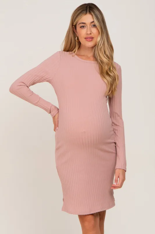 Pink Ribbed Basic Long Sleeve Maternity Dress sold by Pinkblush