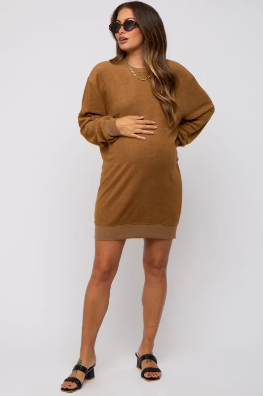 Brown Fleece Oversized Maternity Sweatshirt Mini Dress sold by Pinkblush