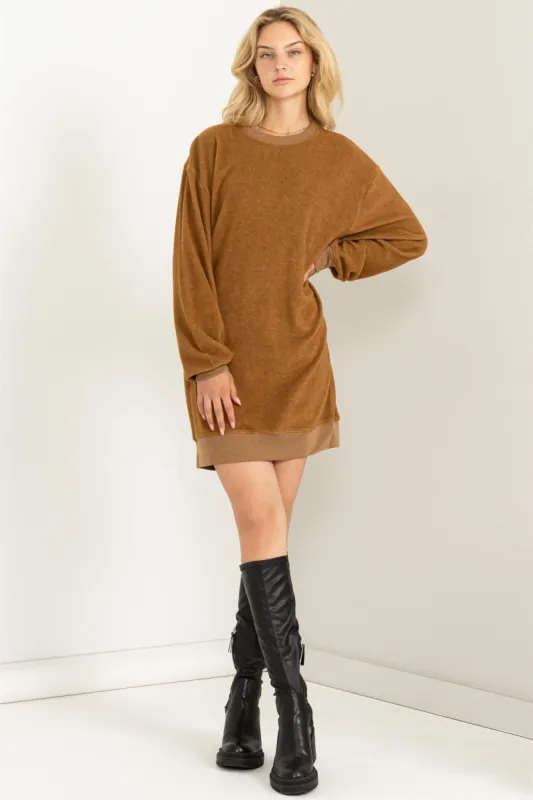 Brown Fleece Oversized Sweatshirt Mini Dress sold by Pinkblush