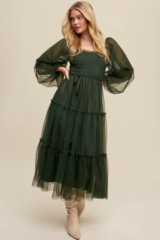 Green Mesh Tiered Long Sleeve Maxi Dress sold by Pinkblush