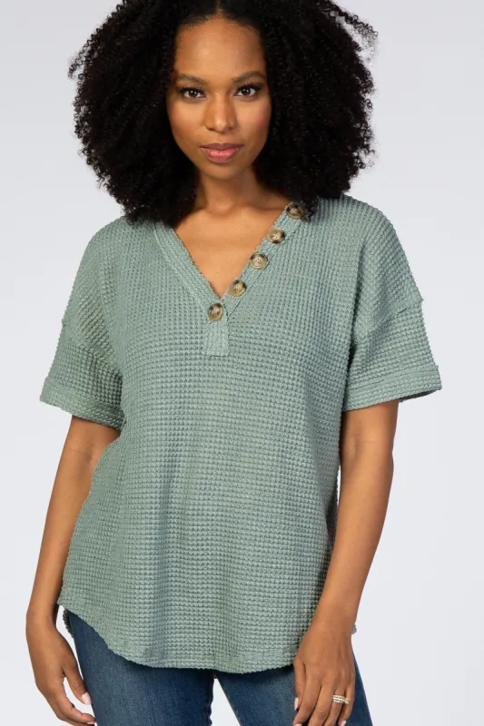 Light Olive Waffle Knit Button Front V-Neck Top sold by Pinkblush