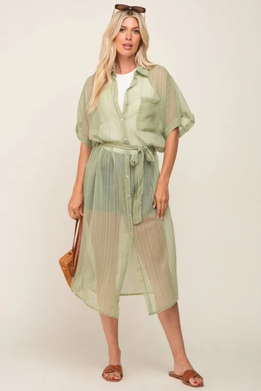 Sage Striped Sheer Button Down Cover Up sold by Pinkblush
