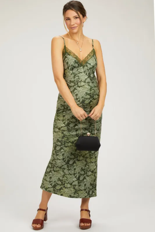 Olive Satin Floral Lace V-Neck Cut Out Back Maternity Midi Dress sold by Pinkblush