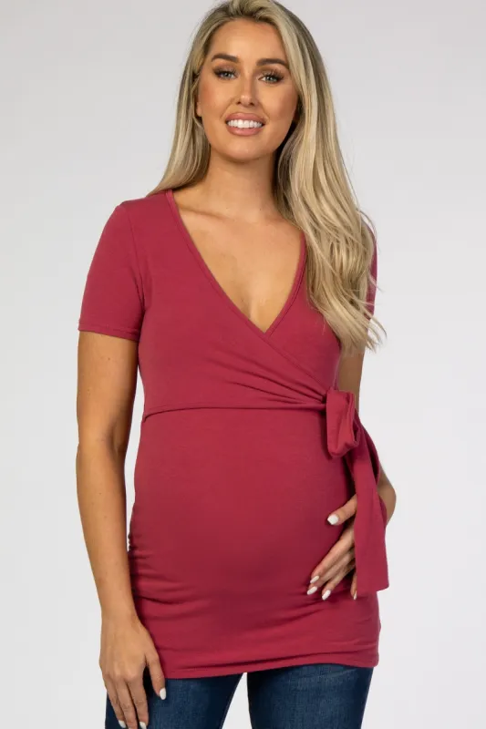 Burgundy Wrap Front Tie Maternity/Nursing Top sold by Pinkblush