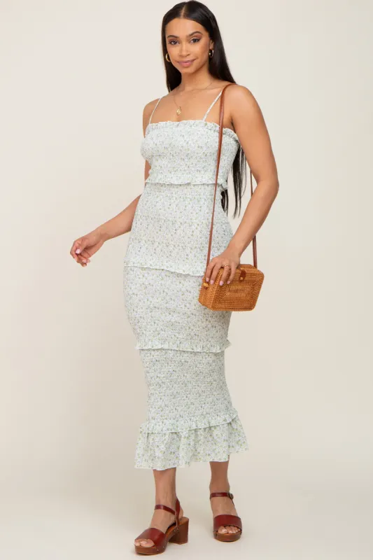 Light Olive Floral Chiffon Smocked Tiered Square Neck Midi Dress sold by Pinkblush