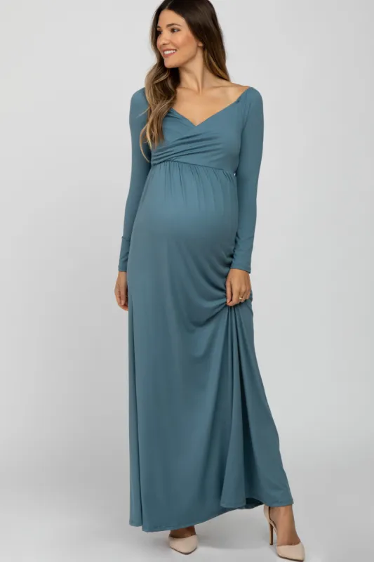 Turquoise Wrap Front Empire Waist Maternity Maxi Dress made by Pinkblush