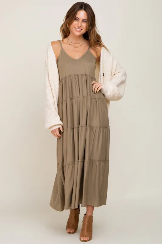 Light Olive Tiered Sleeveless Maxi Dress sold by Pinkblush