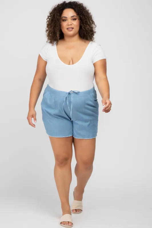 Blue Chambray Frayed Hem Drawstring Maternity Plus Shorts sold by Pinkblush