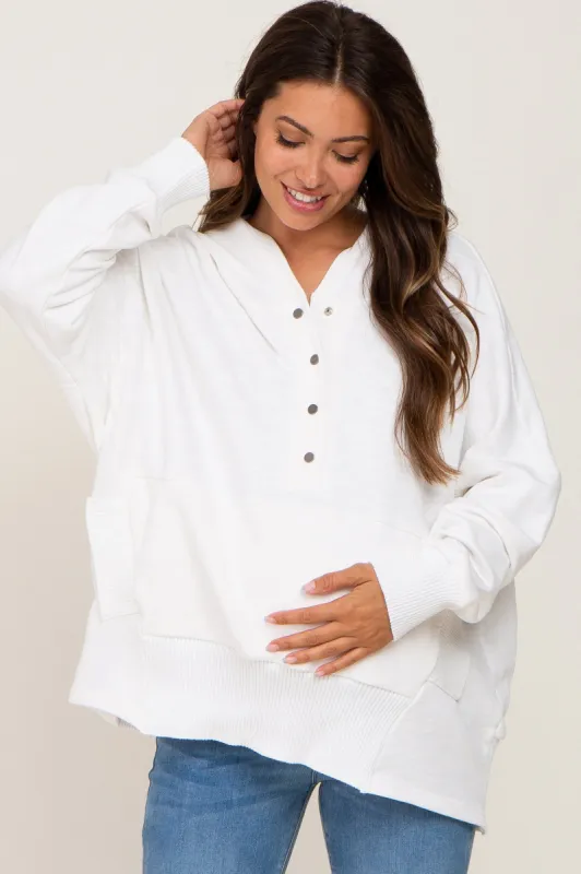White Button Front Ribbed Trim Hooded Maternity Sweatshirt sold by Pinkblush