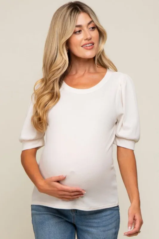 Ivory Puff Sleeve Waffle Knit Maternity Top sold by Pinkblush