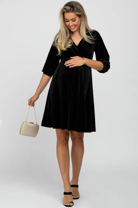 Black Velvet Wrap Front Babydoll Maternity Dress sold by Pinkblush