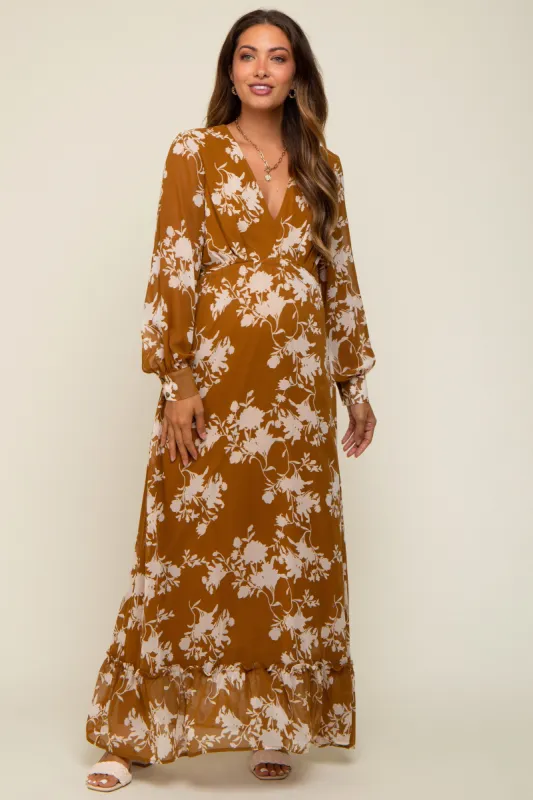Camel Floral Chiffon Balloon Sleeve Maternity Maxi Dress sold by Pinkblush