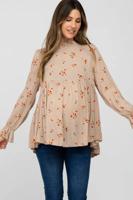Taupe Floral Babydoll Maternity Blouse sold by Pinkblush