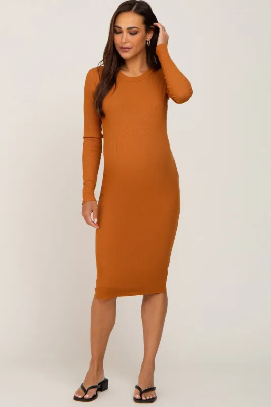 Camel Ribbed Long Sleeve Maternity Midi Dress sold by Pinkblush