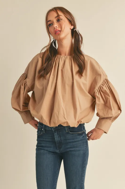 Mocha Balloon Sleeve Cropped Bubble Hem Top sold by Pinkblush
