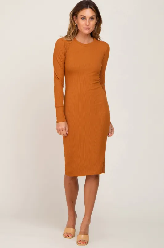 Camel Ribbed Long Sleeve Midi Dress sold by Pinkblush
