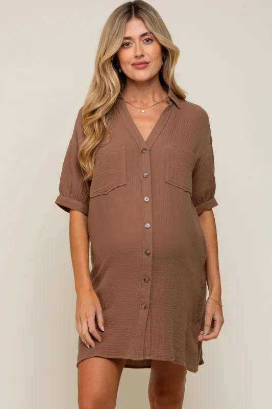 Mocha Maternity Mini Shirt Dress sold by Pinkblush