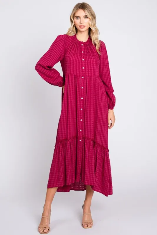 Magenta Gingham Button Midi Dress sold by Pinkblush