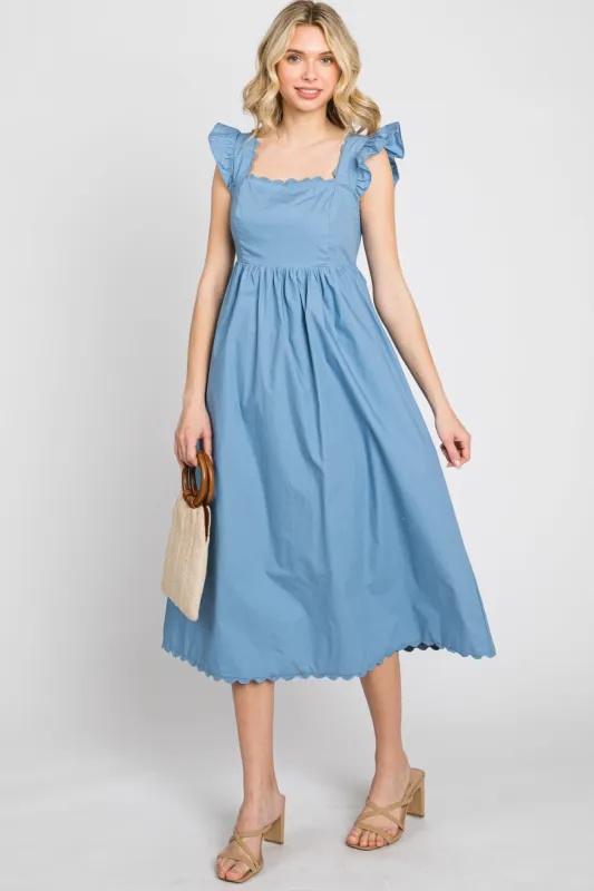 Blue Scallop Flutter Sleeve Midi Dress sold by Pinkblush