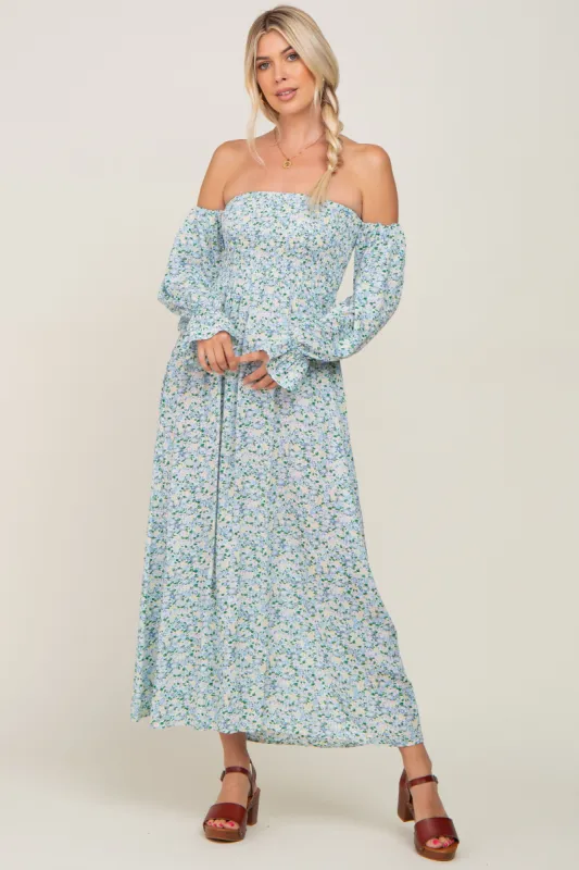 Light Blue Floral Off Shoulder Long Sleeve Maxi Dress sold by Pinkblush