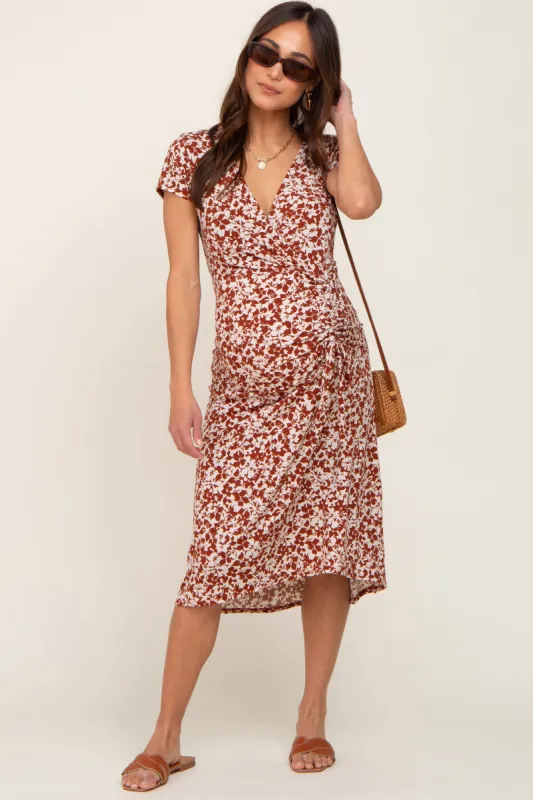 Rust Floral Wrap Front Ruched Hi-Low Maternity Midi Dress sold by Pinkblush